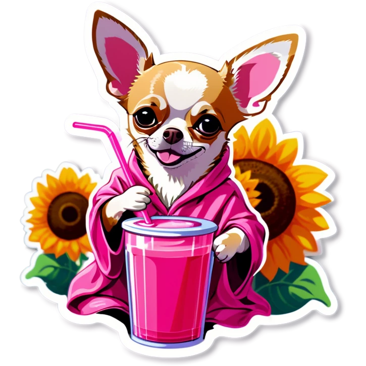 Chihuahua in a sunflower robe drinking a pink drink from a straw   emoji