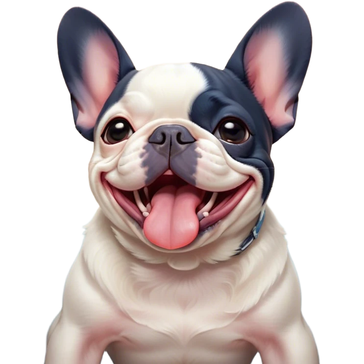 Cinematic Cute Yawning Pied French Bulldog Portrait Emoji, Head tilted with an exaggerated, endearing yawn and sleepy, squinty eyes, showcasing a unique pied fur of contrasting colors with a playful expression, simplified yet irresistibly adorable, highly detailed, glowing with a soft, cozy radiance, high shine, exuding a relaxed, humorous charm, styled with a gentle, soft glowing outline, capturing the essence of a Pied French Bulldog in a blissfully cute yawn that warms the heart! emoji