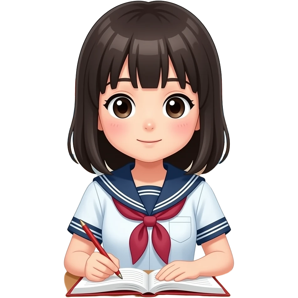 Japanese high school girl studying with blushing face behind school building emoji