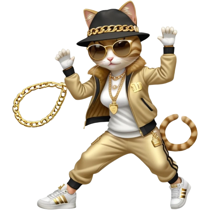 female cat in Run DMC hip-hop outfit with tracksuit, fedora, Adidas sneakers, dark sunglasses, many gold chains and bling accessories, doing a headspin break dance move emoji