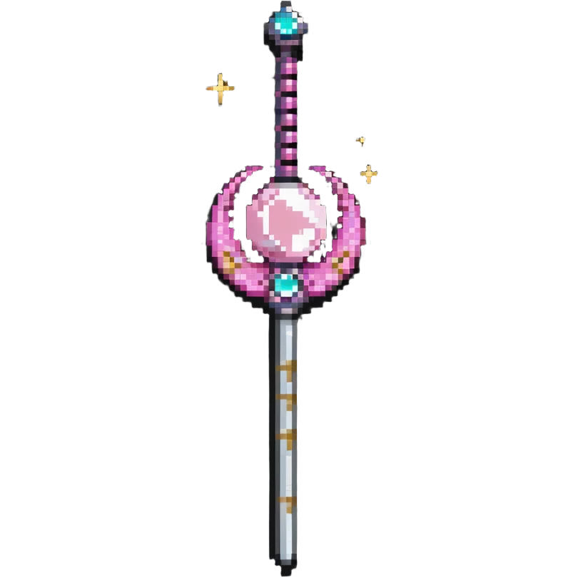 Sailor Moon's Crescent Moon Stick, a pink wand with a gold crescent moon on top and a circular silver gem in the center emoji