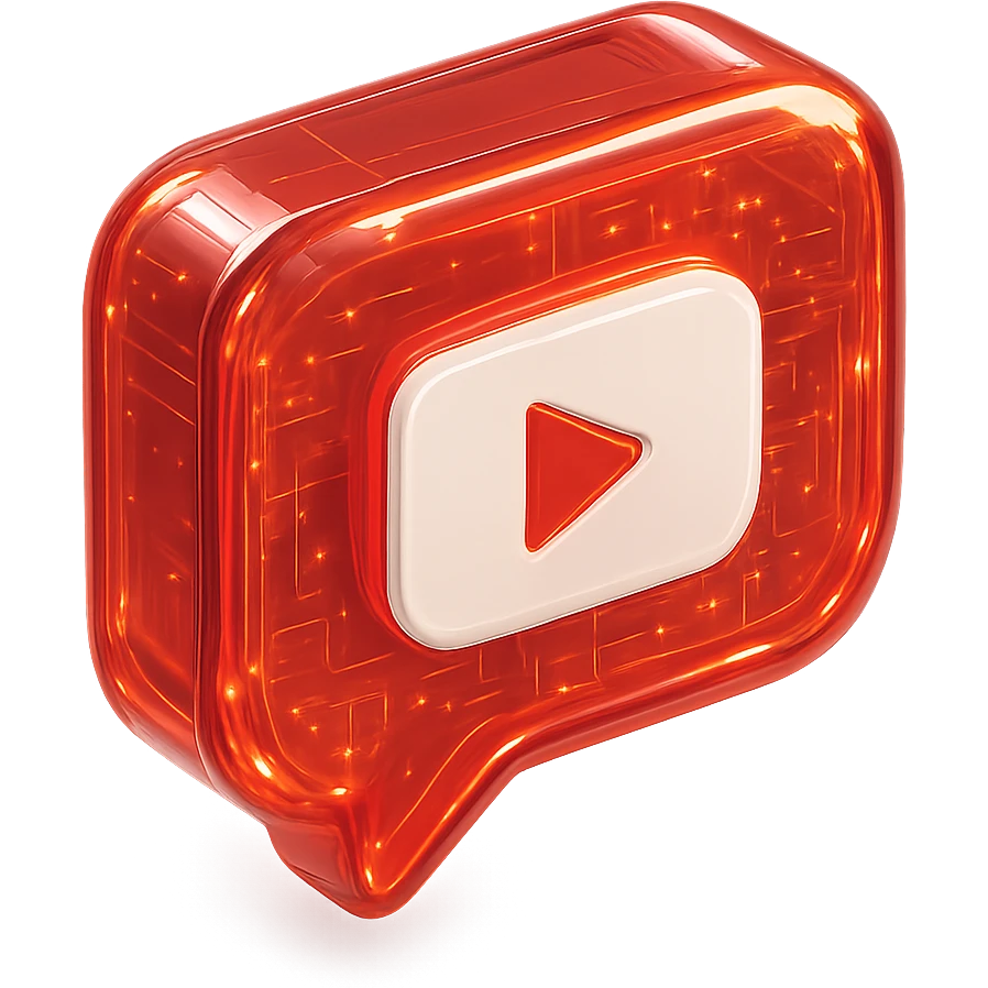 red speech bubble with inside a big red YouTube white play button, very glossy circuit style, lot of glow emoji