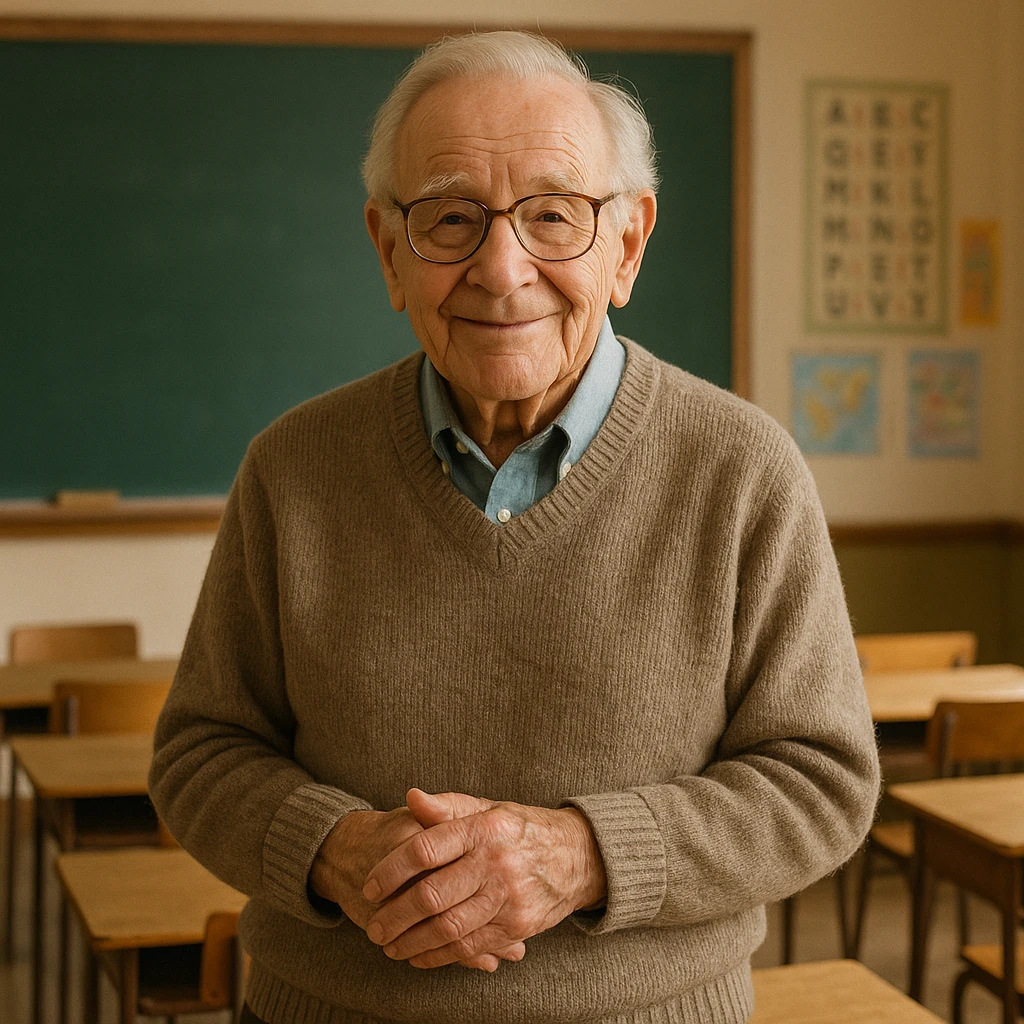 an old teacher, around 80 years old, wise and gentle, with glasses and gray hair, in a classroom setting emoji