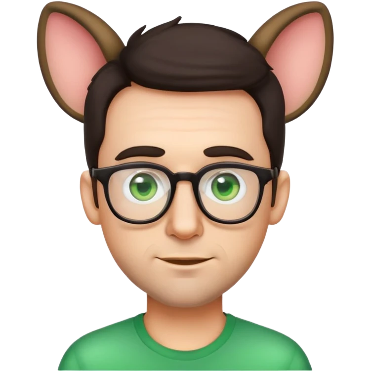 simple male emoji with poofier slightly curly dark hair, big ears, pale skin, glasses, green eyes, light stubble emoji