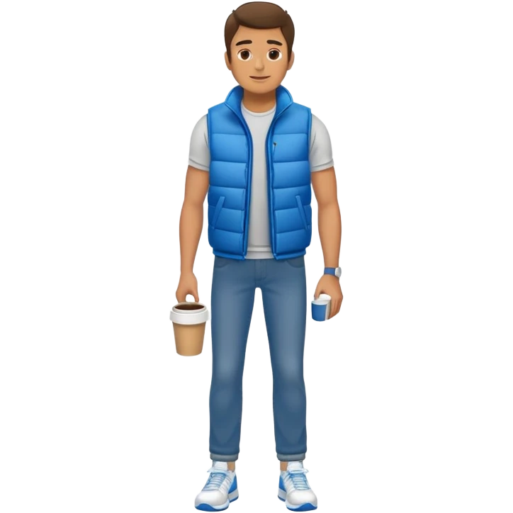 full body man with plain puffy vest with no pockets wearing straight blue jeans and tennis shoes holding coffee mug emoji