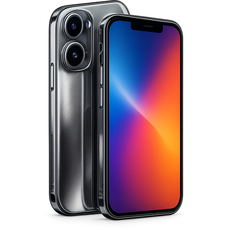 modern smartphone in 3D chrome metallic style, highly reflective and shiny, colorful screen, realistic details emoji