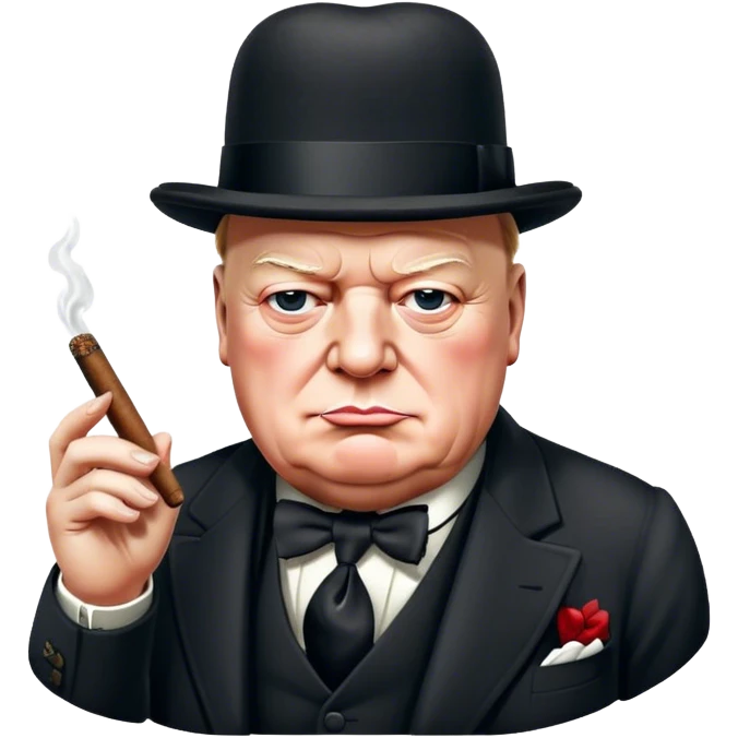 Cinematic Realistic Winston Churchill Portrait Emoji, depicted as a resolute British statesman with a signature bowler hat and a cigar, exuding determined leadership and wartime valor, rendered with lifelike textures and dramatic vintage lighting that captures his iconic British spirit. emoji