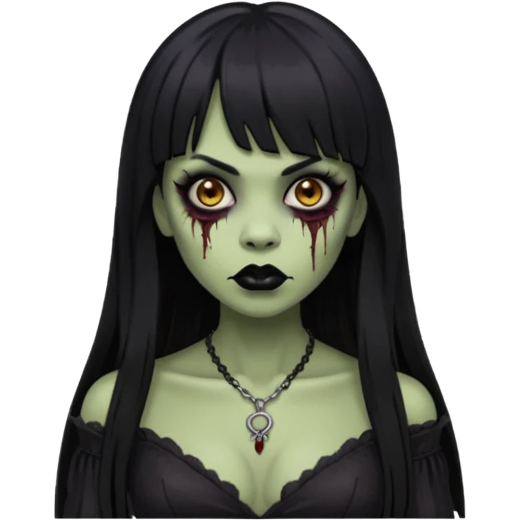 vampira gótica parda zumbi de cabelo longo e preto e franja e roupa com decote e batom preto emoji