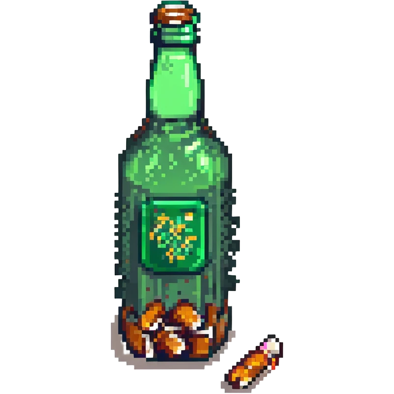 Add a few cigarette butts leaning against the green beer bottle in pixel art style. Keep the background transparent. emoji