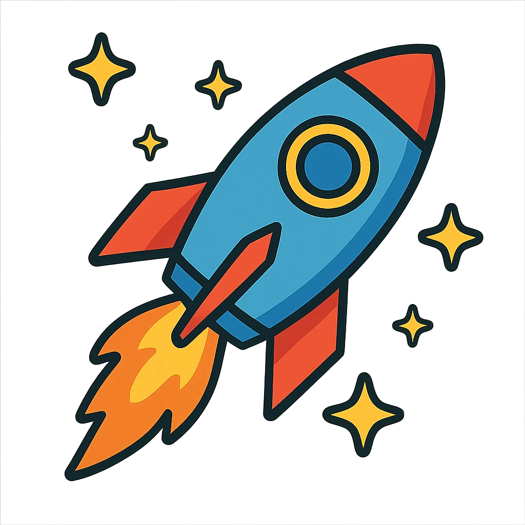 rocket ship with flames and stars around it emoji