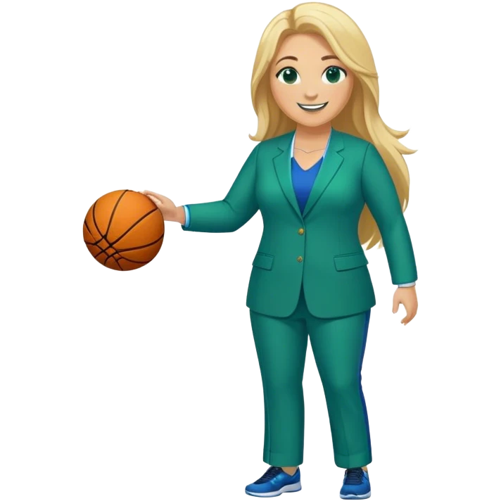 Full Body white plus size female basketball head coach with long blonde hair in a blue and green suit smiling emoji