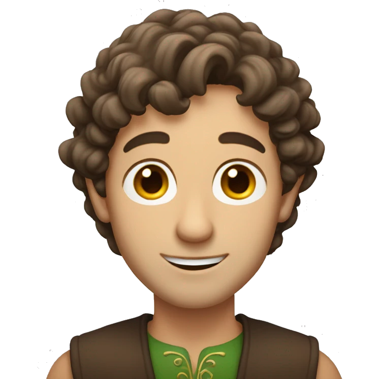 man with wavy mid length brown hair, brown eyes,elf ear emoji