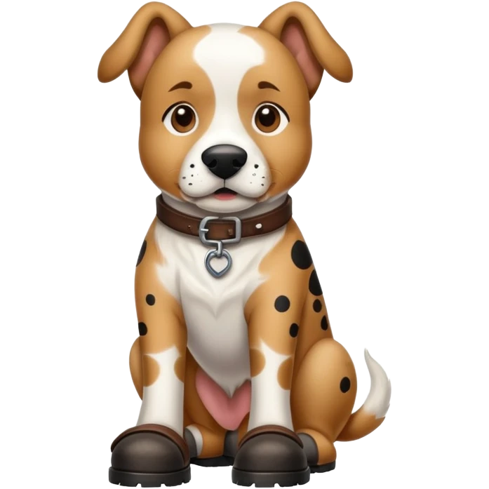 Large brown and white dog with black dots on his face in boots emoji