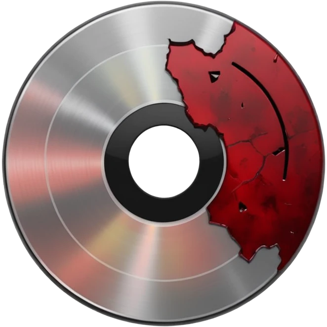 Minimalist emoji-style sticker of a single CD with a sharp crack and a dried blood spot. View from above, black, gray, and muted red.
 emoji