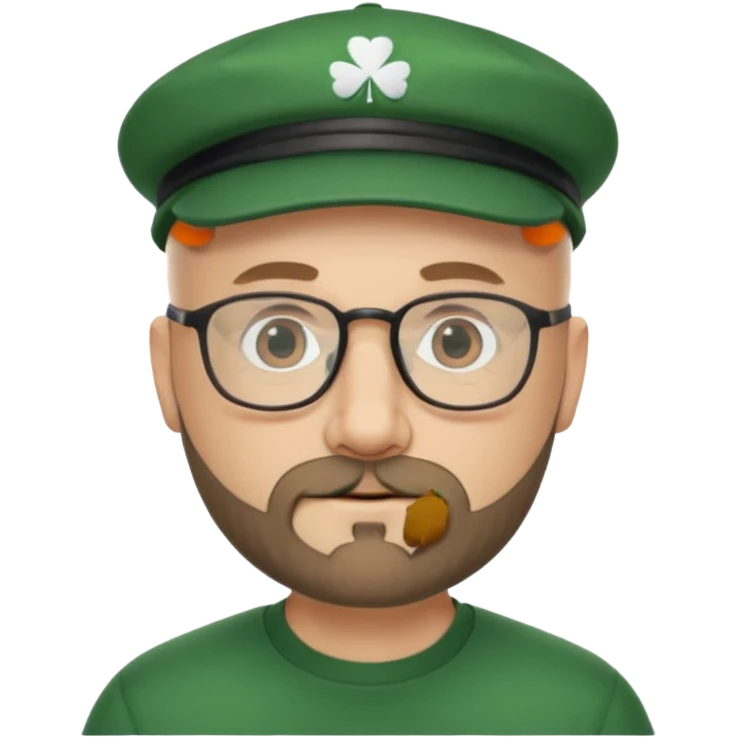47 year old white male, bald, short beard with glasses and irish cap emoji