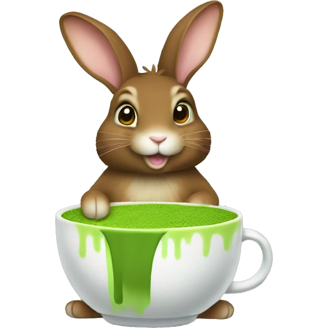 Flemish giant brown bunny holding matcha emoji