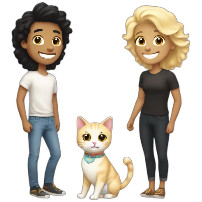 Gay couple, 1 Latino black hair, the other one Australian blonde hair with a cat in the middle laughing full body emoji