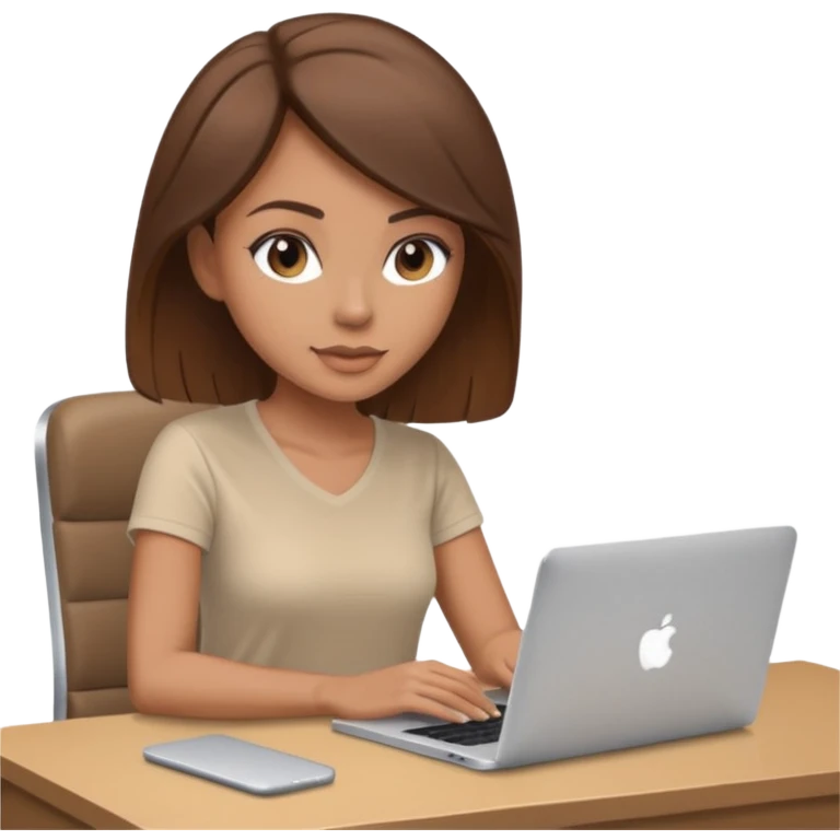tanned brown hair woman, sat at desk with MacBook, podcast microphone bleige top and beige, sexy, glass table emoji