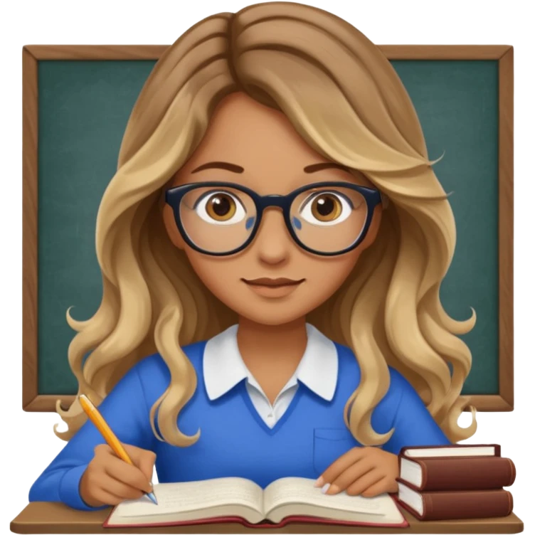 pretty female with long wavy brown hair with blonde highlights and blue eyes doing history homework  emoji