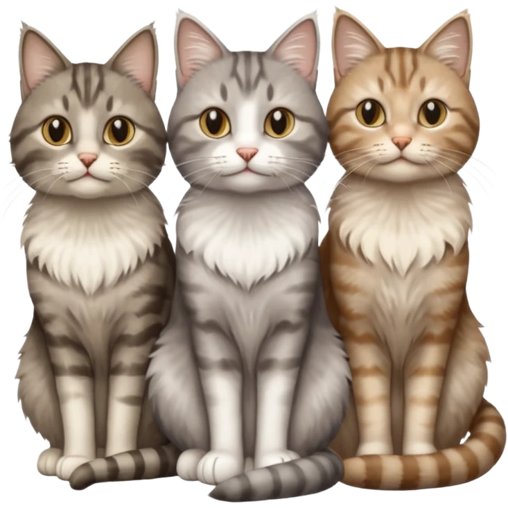 a fluffy grey and white cat sitting with 2 other cats emoji