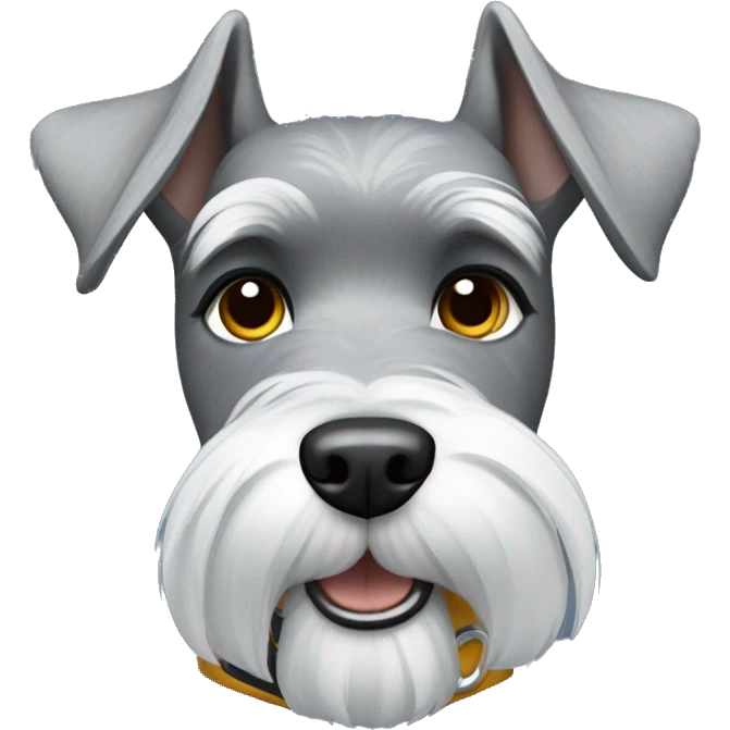 Gray schnauzer with pointy ears wearing a blue collar with lightning bolt tag emoji