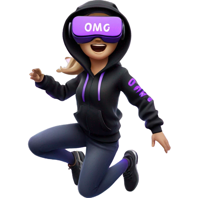 Russian girl wearing black hoody with violet letters "OMG", in vr headset oculus quest2. jumping. Cyberpunk style. Violet neon. emoji