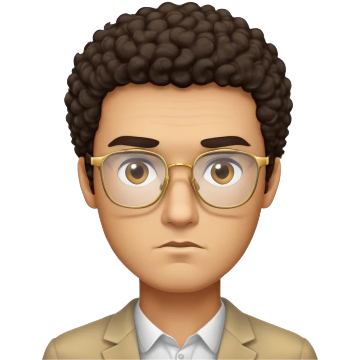 Square-faced man with thick eyebrows, short dark curly hair, slight scruff, serious expression, large square gold-rimmed glasses emoji