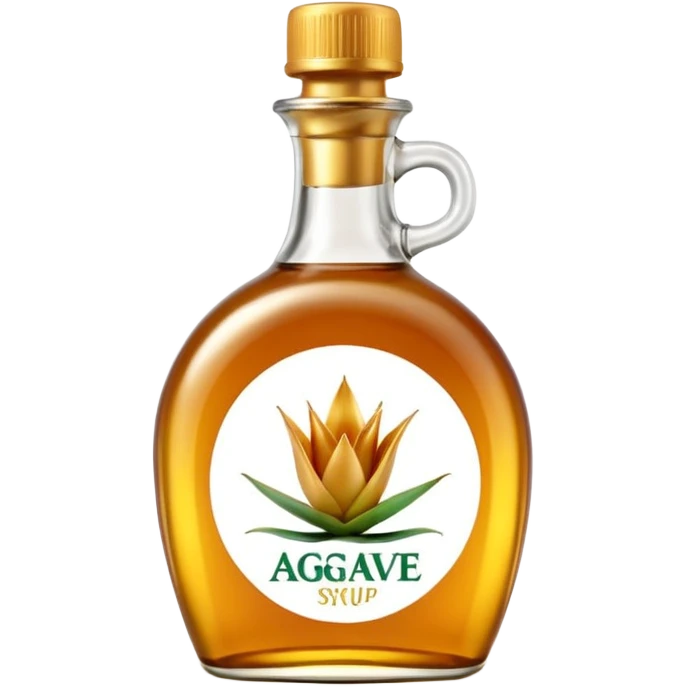 elegant transparent agave syrup bottle, golden-amber syrup, shiny, viscous, curved bottle, green or gold plastic cap, minimal label, no text, 3D-rendered, clean, soft shadows, transparent background, emoji scale emoji
