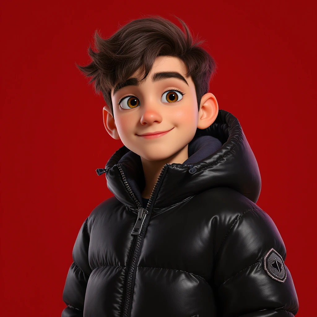 3d disney pixar character, young 18yo boy with dark brown hair, and a shiny black puffer balenciaga design jacket, brave smiling. The background is a solid red color emoji