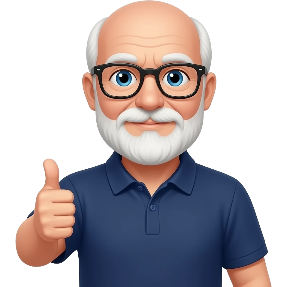 old bald man with white beard, blue eyes, black glasses, thumbs up, navy blue polo shirt emoji