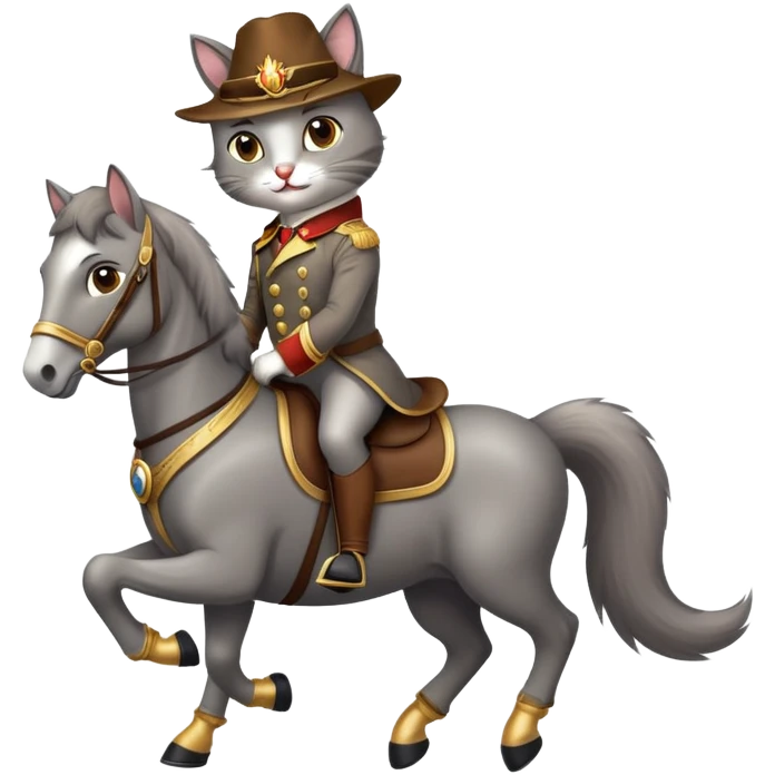 A dashing cat wearing stylish boots, riding a majestic horse with a confident smirk, in a cartoonish emoji style emoji