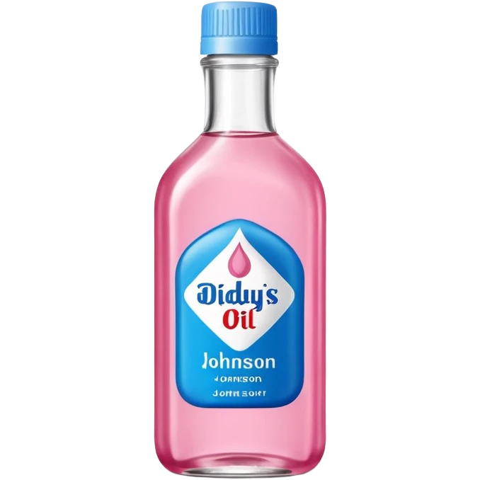 bottle of oil blue top pink outside with logo that says Diddys Oil Johnson and Johnson bottle  emoji