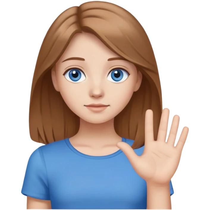 Girl tipping hand, light brown hair, blue top, blue eyes emoji