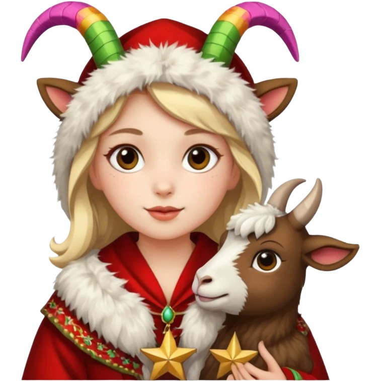 Девочка на празднике в народном костюме и шубе с калядной звездой и маской козы emoji