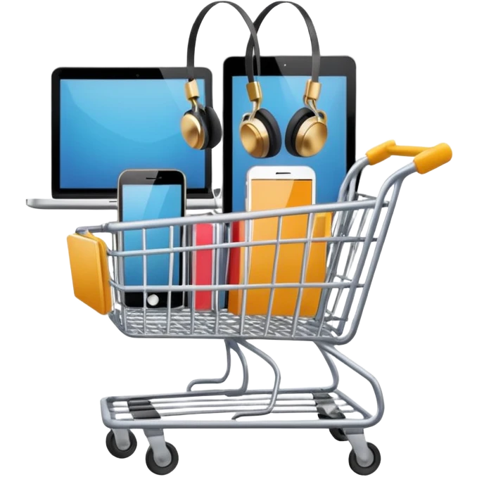 shopping cart filled with technology items such as a laptop, smartphone, headphones, and smartwatch emoji emoji