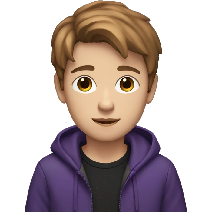  Draw a 12-year-old boy with brown fair hair and wearing a brown and black t-shirt and a jacket that is a mixture of purple and black. emoji