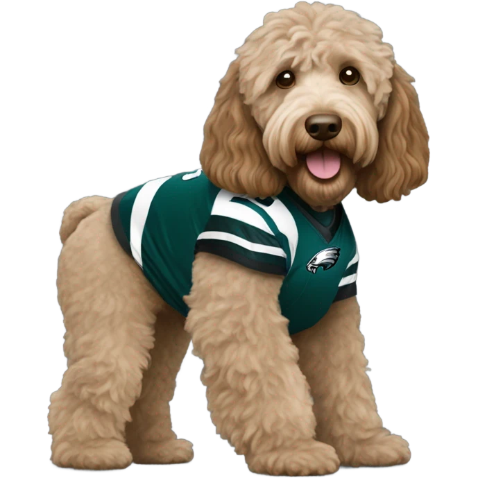 Light brown Labradoodle wearing a Philadelphia eagles jersey emoji