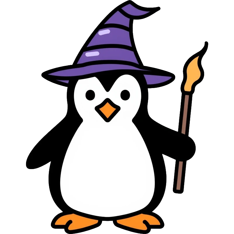 penguin wizard with magic wand and wizard hat emoji