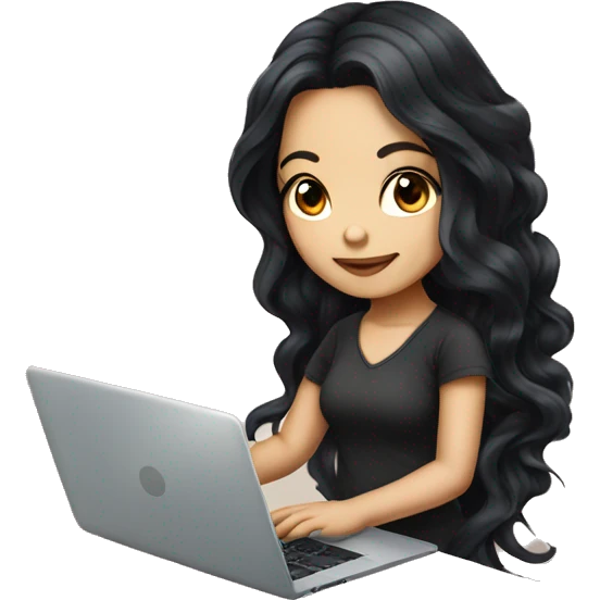 beautiful girl with tattoos, with long black hair, wavy hair, chinese, with laptop emoji
