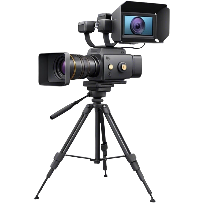 Create an emoji for video recording. Show a  single lens professional video camera with screen and image on it, on heavy tripod. Use modern, professional colors. Do not include any emojis or smiley faces. Make the background transparent. emoji