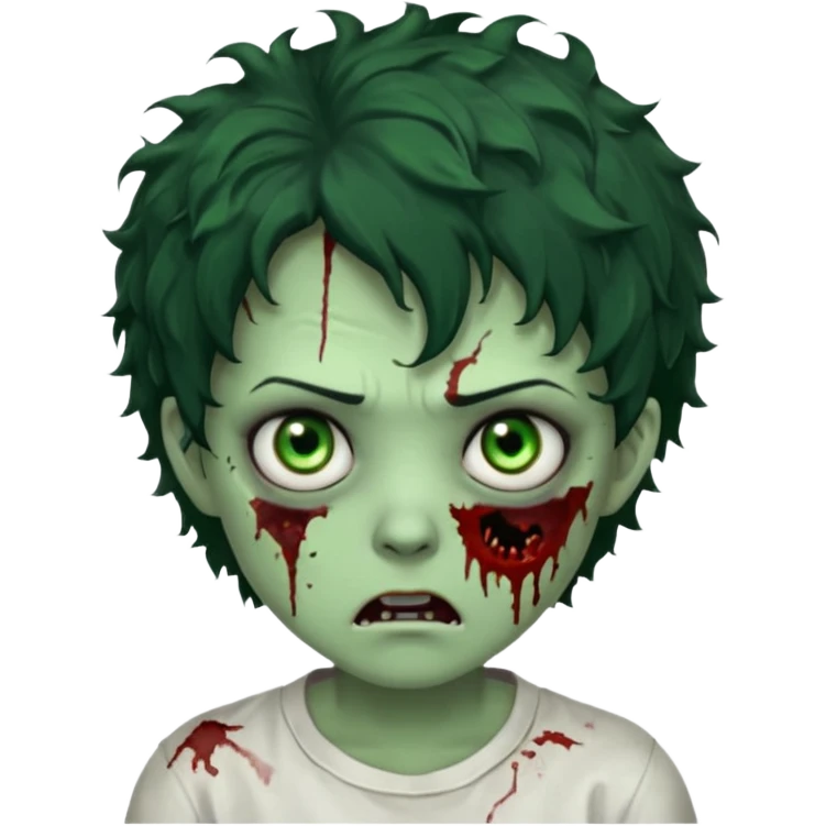 zombie character with green skin, messy short curly black hair, and no glasses. Give him large expressive eyes, a slightly frightened or eerie expression, subtle wounds, dark under-eye shadows, and a few cracks or dried blood marks on the face.  white shirt and without bleeding eyes **BLACK HAIR** emoji