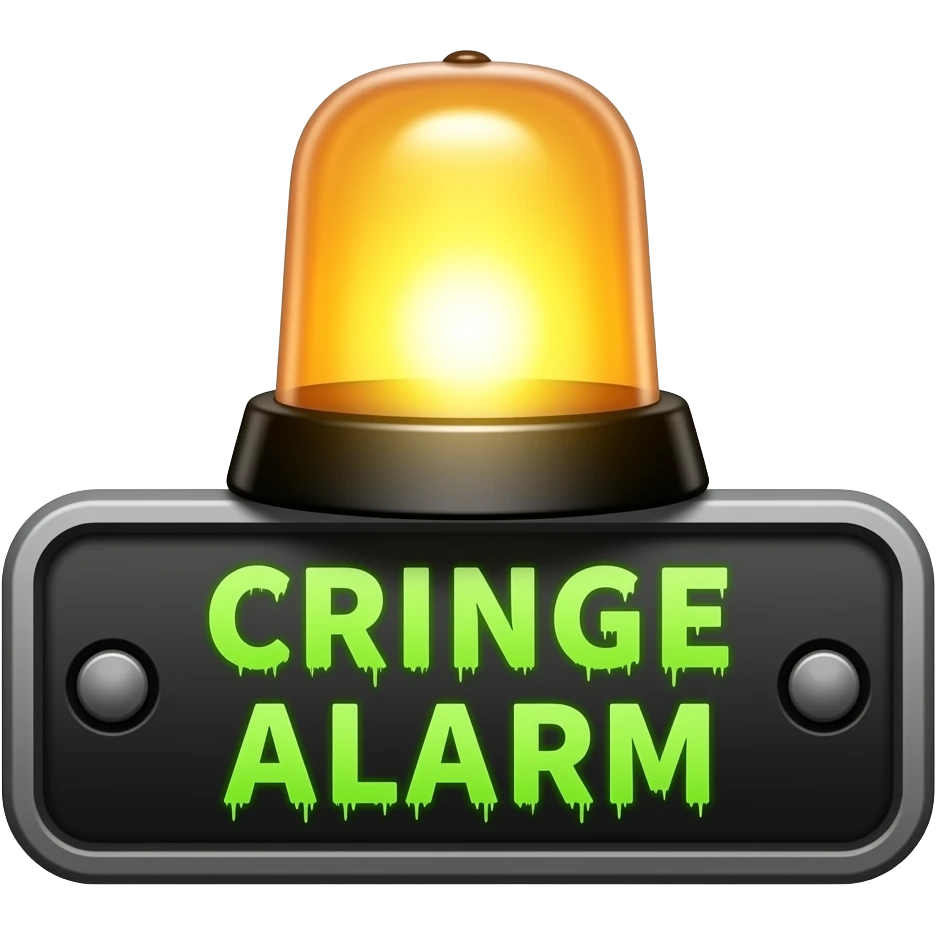 A blaring siren with visual sound effects, a label below it with text "Cringe Alarm" with green horror font", filled background emoji