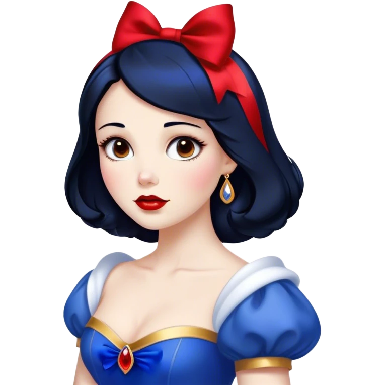 Cinematic Stunning Snow White Portrait Emoji, Fair skin glowing like porcelain, ruby-red lips, deep brown eyes full of kindness, raven hair framed by her iconic red bow, wearing her royal blue and gold gown, exuding timeless beauty and grace! emoji