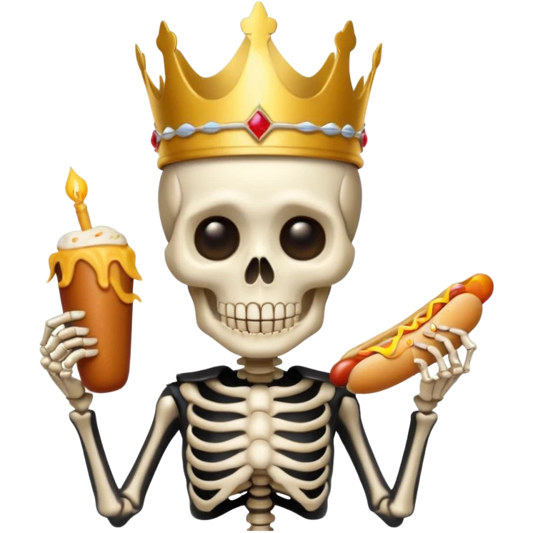 A cute skeleton wearing crown and holding hot dog emoji