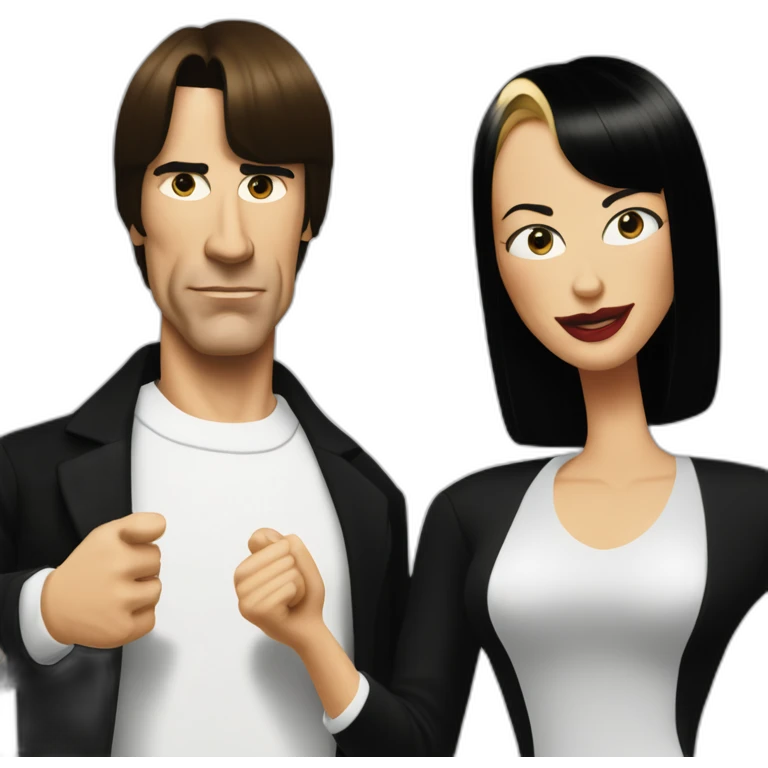 Uma Thurman with black hair and black pants  and John Travolta dancing in Pulp Fiction emoji