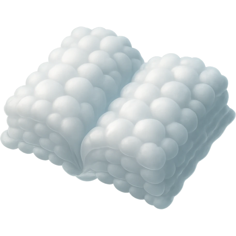 top view of a thick open book made entirely of small, very bright white fluffy convex clouds, matte glass style emoji