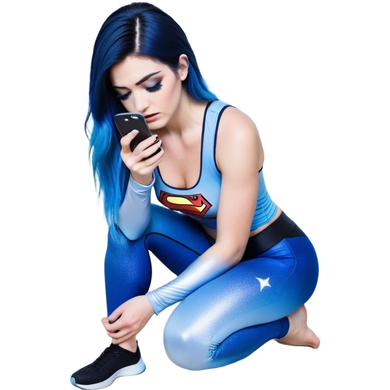 Disapponted-big tears-head back texting on phone-very very large upper body-sexy face-bending forward at waist-very long very straight dark blue to light blue ombre hair-and-blue eyes-thick black eyeliner-long eyelashes-iridescent blue lowcut tanktop with black leggings with glitter superman logo emoji