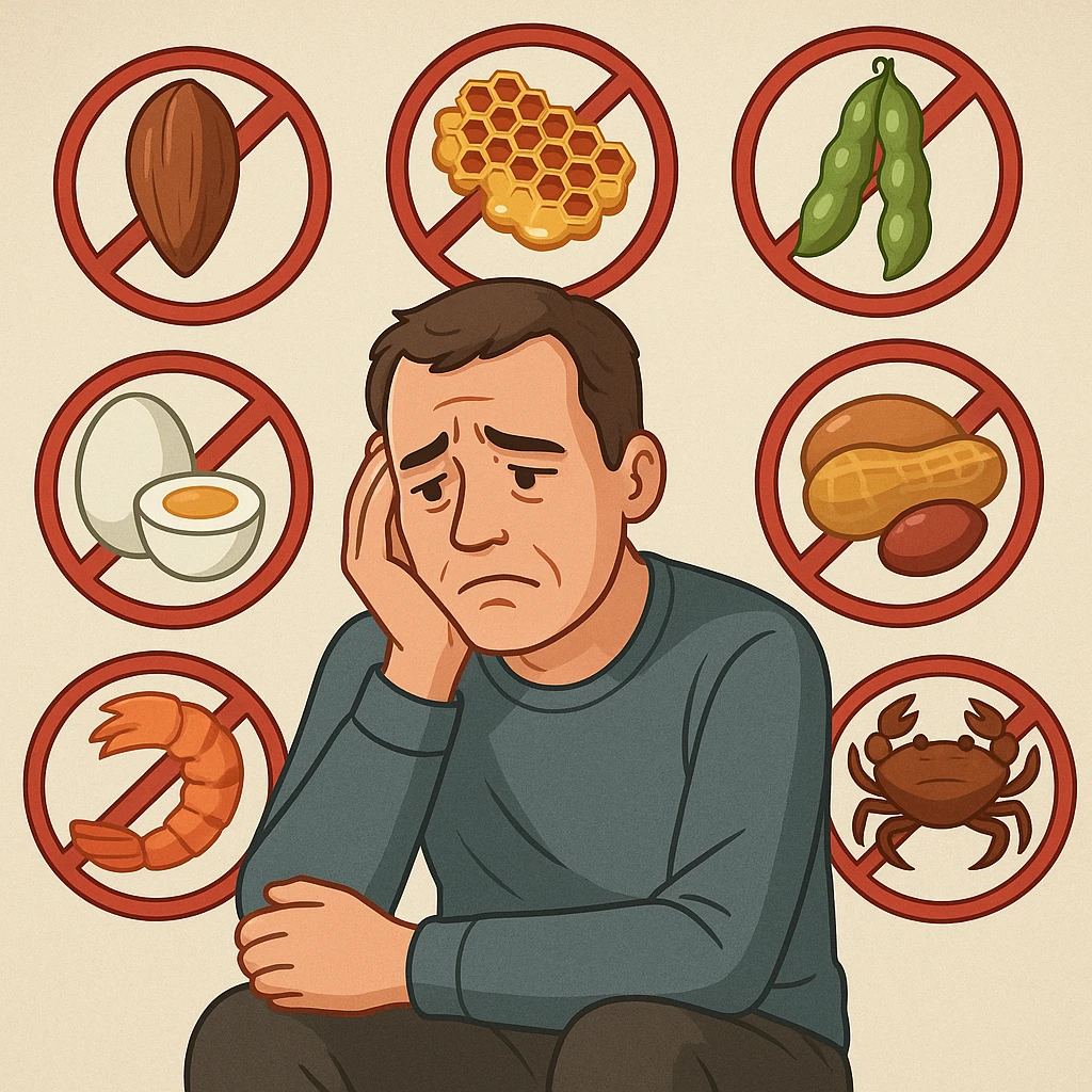 A 40-year-old man suffering from food intolerances, inspired by the reference image, sitting with a sad air, forbidden food symbols in the background, conveying an atmosphere of food discomfort. emoji