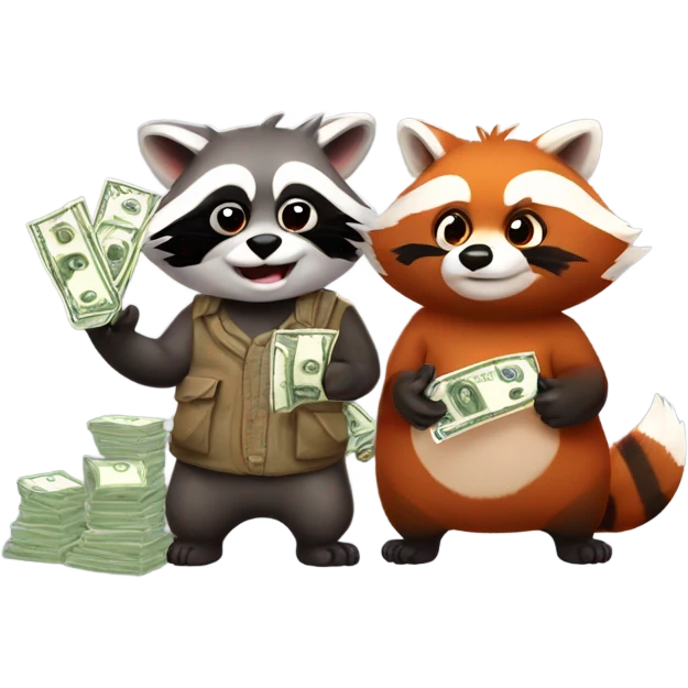 1 male raccoon and 1 female red panda not wearing clothes each holding a bag of cash emoji