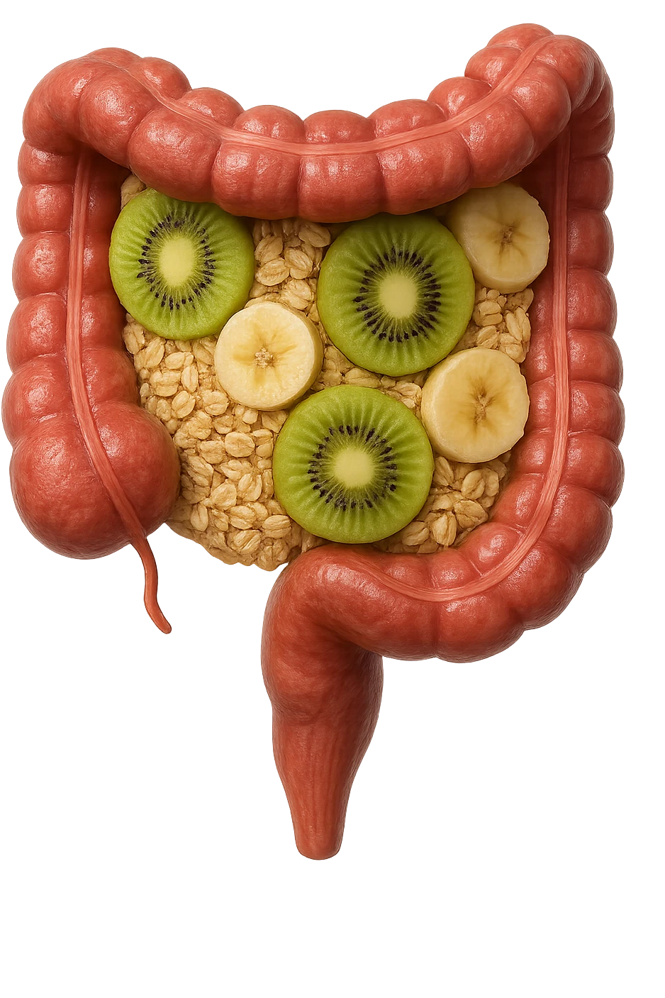 avena, kiwi e banana all'interno di un colon umano anatomico realistico, iperrealistico 4k emoji
